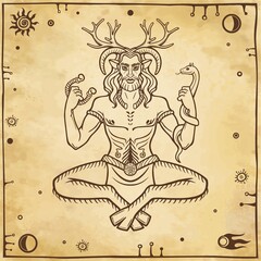 Fototapeta na wymiar Horned god Cernunnos . Mysticism, esoteric, paganism, occultism. Vector illustration. Background - imitation of old paper.