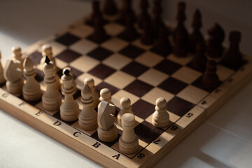 chess pieces on the board in beautiful light