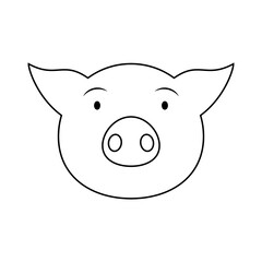 Head with face of cute pig icon and logo. Linear and outline vector cartoon illustration. Clipart and drawing on white background.  