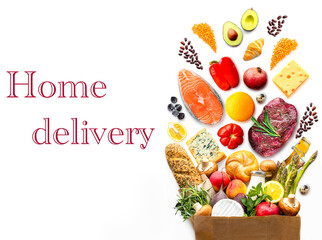 Healthy food on a white background.Healthy food ingredients isolated.Salmon on a white background.Steak, meat on a white background.The concept of proper nutrition. Diet.Supermarket.Market 