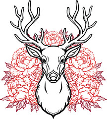 Linear drawing of the head of a young horned deer, openwork red flowers. Vector illustration isolated on a white background. Print, potser, t-shirt, card.