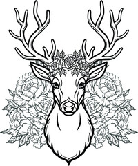 Linear drawing of the head of a young horned deer, openwork flowers, romantic wreath. Vector illustration isolated on a white background. Print, potser, t-shirt, card.