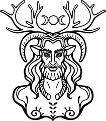 Horned god Cernunnos . Mysticism, esoteric, paganism, occultism. Vector illustration isolated on a white background.