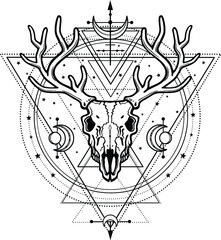 Mystical image of the  skull a horned deer, sacred geometry, symbols of the moon. Esoteric, paganism, occultism.Vector illustration isolated on a white background. Print, potser, t-shirt, card. 