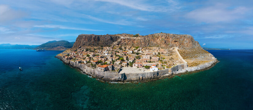 Aerial view of medieval town of Monemvasia located on small island in Lakonia of Peloponnese, Greece