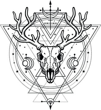 Mystical image of the  skull a horned deer, sacred geometry, symbols of the moon. Esoteric, paganism, occultism.Vector illustration isolated on a white background. Print, potser, t-shirt, card. 