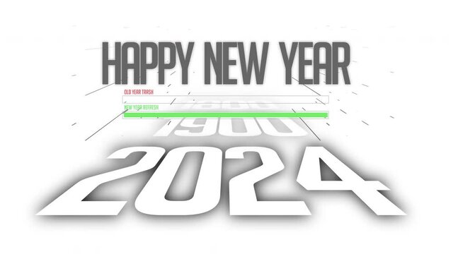Happy New Year 2024 title animation against the white background. The new year start with numbers animation. New year celebration background animation. 4k video.