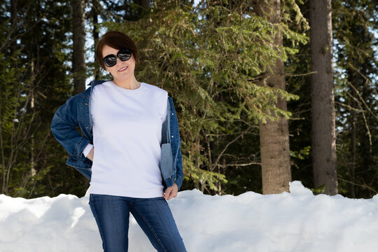 White sweatshirt mockup of a woman in sunglasses