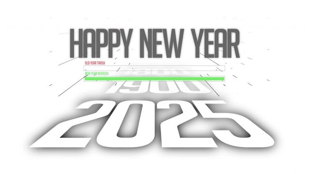 Happy New Year 2025 title animation against the white background. The new year start with numbers animation. New year celebration background animation. 4k video.