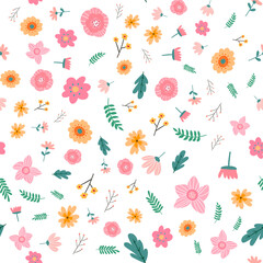 Vector floral pattern in doodle style with flowers and leaves. Gentle, spring floral background.