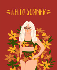Vector illustration of woman in bright swimsuit. Design for summer concept and other.