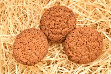 Three dark brown oatmeal cookies on wood shavings, close-up, top view.