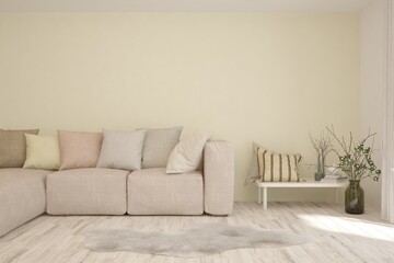 Soft color living room with sofa. Scandinavian interior design. 3D illustration