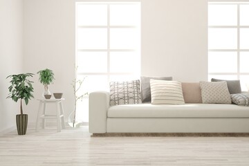 White living room with sofa. Scandinavian interior design. 3D illustration