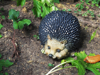 Decorative figurine hedgehog on the ground among green plants. Garden decor