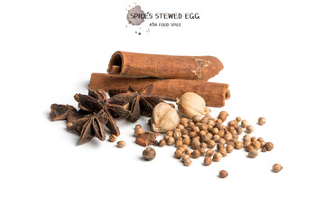 spices stewed egg. Star anise, cinnamon sticks and pepper on a white background