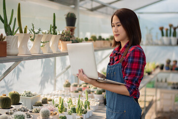 A beautiful Asian woman in a red and blue scottish shirt stands. holding a laptop On the farm cactus to accept orders for a cactus from an online market customer