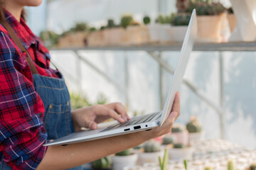 Close-up, a beautiful Asian woman in a red and blue scottish shirt is using a laptop at a cactus farm to accept cactus orders from customers on an online marketplace.