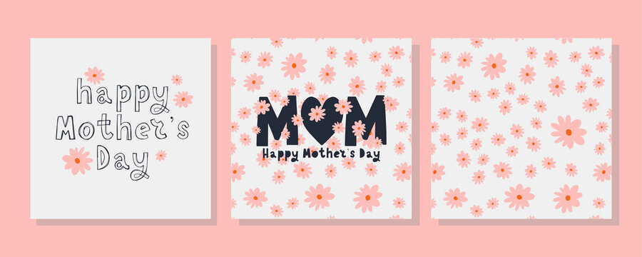 Set cards to the Happy Mother's Day. Calligraphy and lettering. Vector illustration on white background flowers pattern
