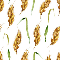 Small ears of wheat watercolor seamless pattern. Template for decorating designs and illustrations.