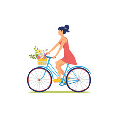 Woman in dress rides bicycle with basket of flowers. Summer bike ride. Girl is cyclist. Cute illustration in flat style