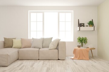 White living room with sofa. Scandinavian interior design. 3D illustration