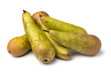  Heap of fresh whole long shaped Abate Fetel pears isolated on white background 