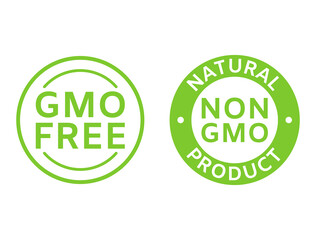 Non GMO labels. GMO free icons. Healthy organic food concept. No GMO design elements for tags, product packag, food symbol, emblems, stickers. Healthy, eco, vegan, bio. Vector illustration - obrazy, fototapety, plakaty