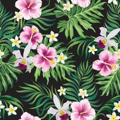 Foto op Canvas Tropisch patroon met strelizia, hibiscus, palmbladeren. Zomer vector achtergrond voor stof, dekking, print ontwerp. © Logunova  Elena