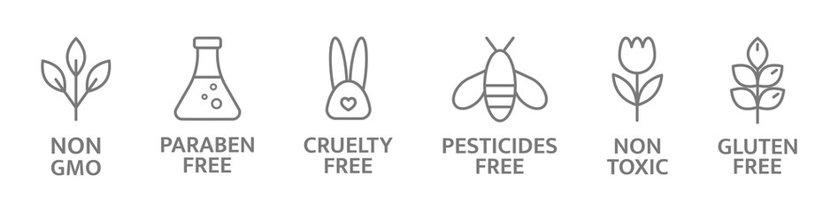 Organic and natural cosmetic line icons. Non toxic logo. Eco, vegan label. Allergen free badges. Skincare symbol. Beauty product. Gluten and paraben free cosmetic. Sensitive skin. Vector illustration