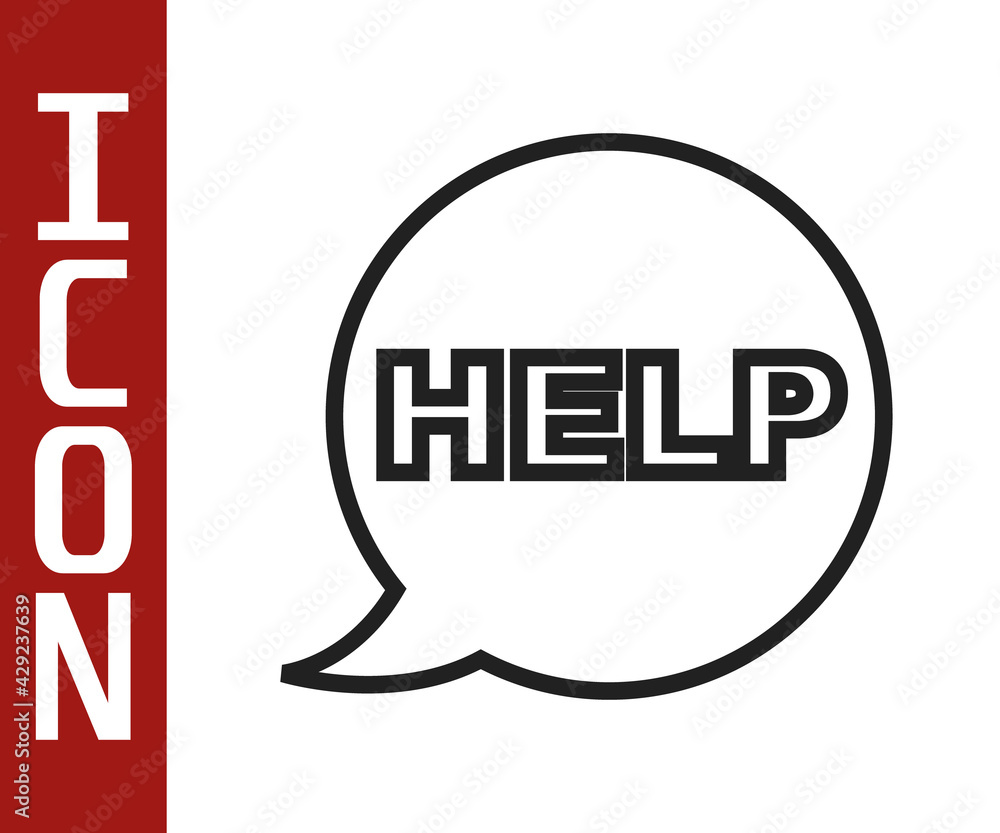 Poster black line speech bubble with text help icon isolated on white background. vector