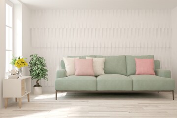 Soft color living room with sofa. Scandinavian interior design. 3D illustration