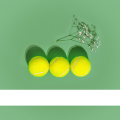 Sport and healthy lifestyle. Tennis. Spring sport composition with three yellow tennis ball and...
