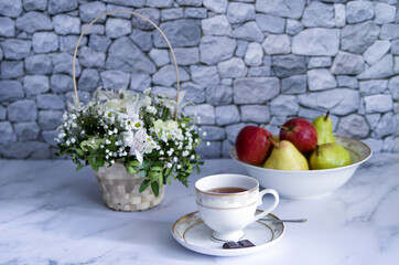 still life with apple and flowers