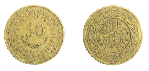 Tunisia fifty milliemes coin on white isolated background