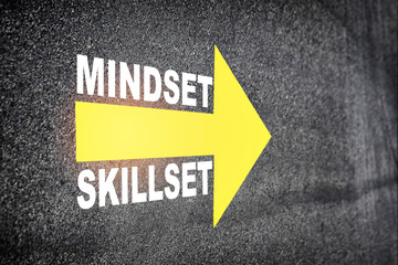 Mindset and skillset written on asphalt road surface with yellow arrow symbol. Self development to...