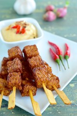 Tempeh Skewers served with spicy peanut sauce and fried onion