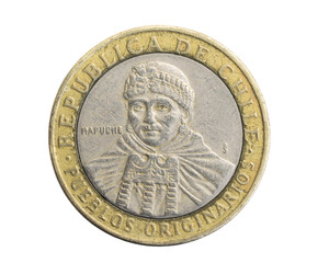 Chile one hundred pesos coin on a white isolated background