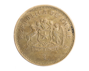 Chile one hundred pesos coin on a white isolated background