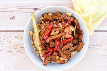 Famous Indonesian Food; Spicy Tempeh Sweet Soy Sauce with Peanut (Orek Tempe)