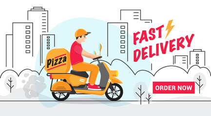scooter delivery man delivers a parcel in the city along the route, man is in a hurry to fast delivery of mail, goods from the store or food from restaurants, vector illustration