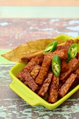 Indonesian food Tempeh sweet soy sauce with green chili. Tempe Cabe Ijo