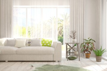 White living room with sofa and summer landscape in window. Scandinavian interior design. 3D illustration