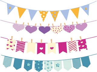 set of bright holiday flags, for a fun design and a colorful party, stylized vector graphics