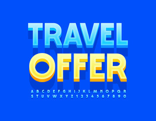 Vector business flyer Travel Offer. Blue 3D Font. Modern Alphabet Letters and Numbers set