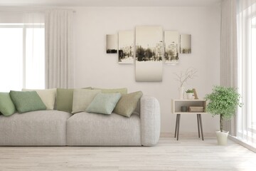 Soft color living room with sofa. Scandinavian interior design. 3D illustration