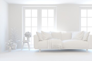 Mock up of minimalist living room in white color with sofa. Scandinavian interior design. 3D illustration