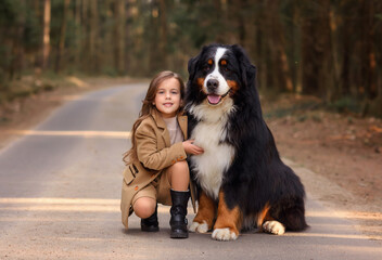 a girl and a bernese mountain dog are sitting on the road in the forest in an embrace