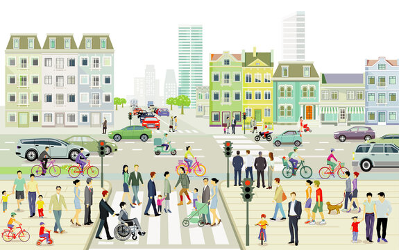 Stadtlandschaft mit Straßenverkehr und Fußgänger, Illustration