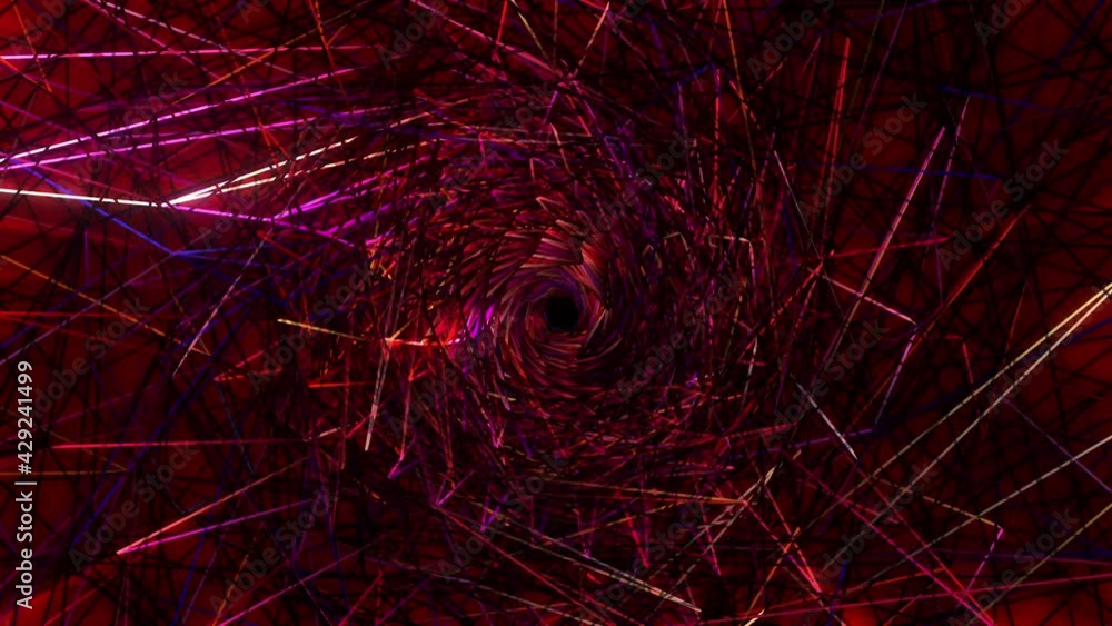Poster abstract futuristic chaos pink red neon light tunnel travel animation. wire mesh neon light tunnel w